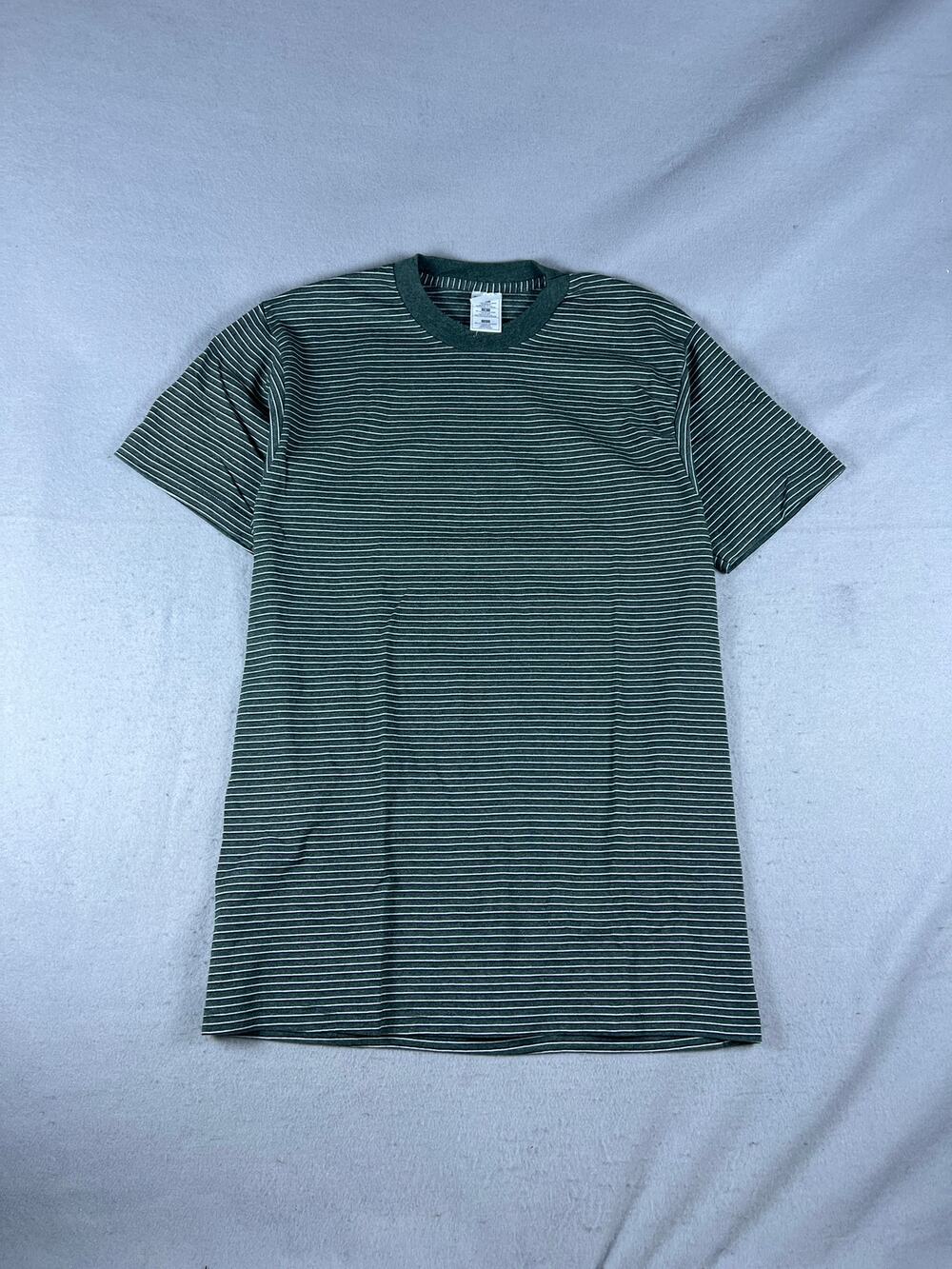 Vintage 90s T-Shirt Mens L Green Crew Neck Striped Preshrunk Single Stitch USA